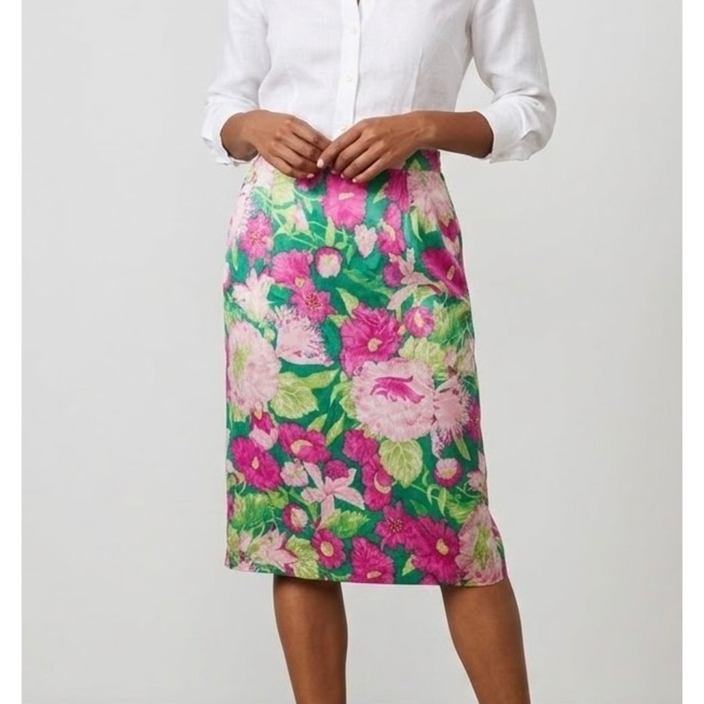 Anne Crimmins‎ Umi Collections Skirt 10 Green Pink Floral Silk Vintage Pencil
